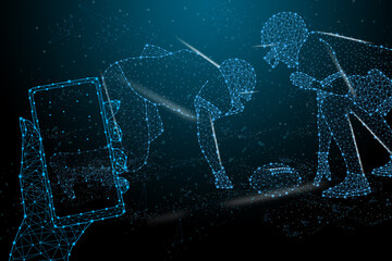 American Football ball made of illuminated shapes. Illustration consisting glowing lines, points and polygons in the form of a ball the sport of Rugby. Abstract 3D neon wireframe concept.