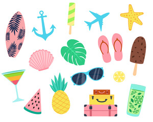 Summer vector set in flat style. Beach and holiday stickers and prints. Isolated on white background.
