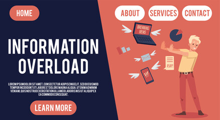 Site on information overload topic with stressed man, flat vector illustration.