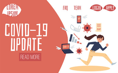 Obraz premium Covid-19 update website template with woman, flat cartoon vector illustration.