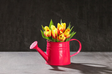 A bouquet of tulips as a gift for March 8, Mother's Day, Valentine's Day. Easter decor. Flowers tulips on a black background.
