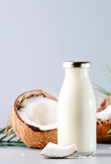 Fototapeta na wymiar Coconut non dairy vegan milk in bottle. Gray table with copy space