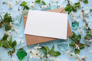 postcard mockup. frame of spring flowers and blank for text 