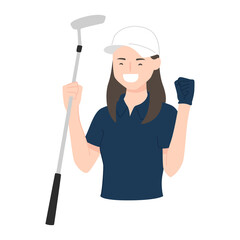 スポーツのゴルフのイラスト。パターを持って喜んでいる若い女性。