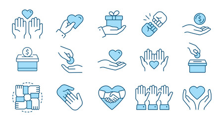 Charity line icon set. Collection of humanitarian, volunteer, hope and more. Vector illustration. Editable stroke.