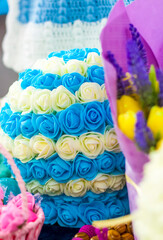 Decorative ball of small rose flowers. Interior decor.