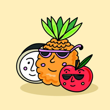 coconut pineapple and apple tropical fruit cool glasses hand drawing vector