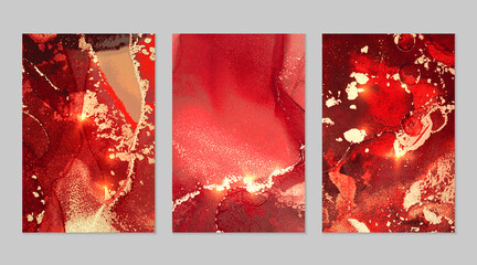 Set of marble patterns. Scarlet red and gold geode textures with glitter. Abstract vector background in alcohol ink technique. Modern paint with sparkles. Backdrops for banner, poster. Fluid art
