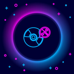 Glowing neon line CD or DVD disk with screwdriver and wrench icon isolated on black background. Adjusting, service, setting, maintenance, repair, fixing. Colorful outline concept. Vector