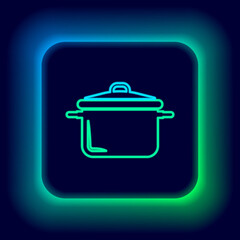 Glowing neon line Cooking pot icon isolated on black background. Boil or stew food symbol. Colorful outline concept. Vector