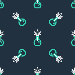 Line Chemical test tube with marijuana or cannabis leaf icon isolated seamless pattern on black background. Research concept. Laboratory CBD oil concept. Vector