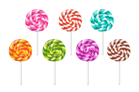 Lollipop, round swirly candy on stick. Mint, chocolate, strawberry, orange and fruit taste lollypops. Christmas lolipop with red spirals. Vector cartoon set of hard sugar caramel with striped swirls