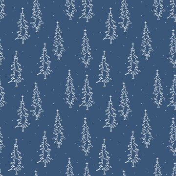 hand drawn pine trees forest winter christmas seamless pattern, vector illustration repeatable texture