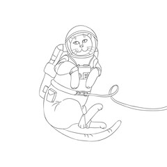 Cute funny cat  weared a spacesuit floats outer space. Black-white illustration concept about cosmonautics and astronautics. Page of coloring book.
