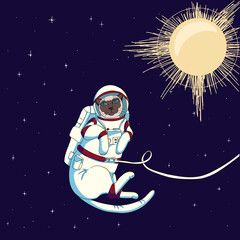 Cute funny cat  weared a spacesuit floats outer space. Flat illustration concept about cosmonautics and astronautics. Kids poster, print, postcard