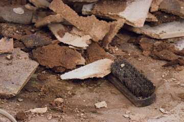 an old bristle brush burried under plywood chunks