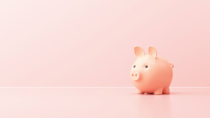 Pink pig piggy bank on a pink interior background. 3d render illustration for advertising.