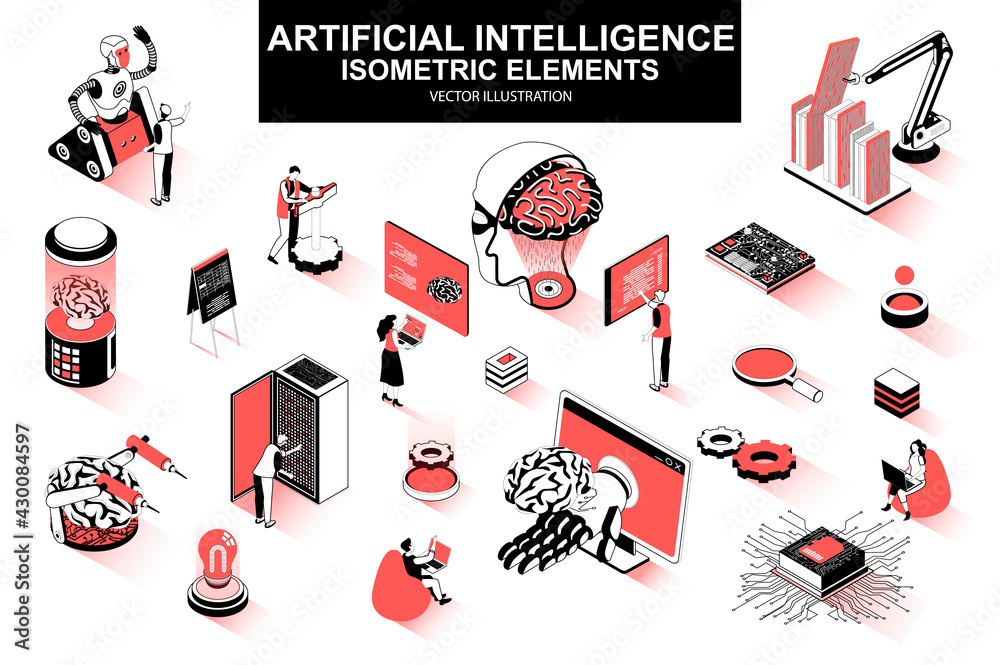 Leinwandbilder artificial intelligence bundle of isometric elements. electronic brain, cyborg, deep learning, futur