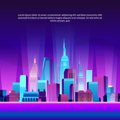 urban big city building skyscraper pop gradient modern neon glow color landscape scene illustration with sea and night background