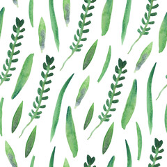 Watercolor seamless pattern with green leaves. Nice nature textile. Great for fabrics, wrapping papers, covers. Hand painted illustration. White background.	