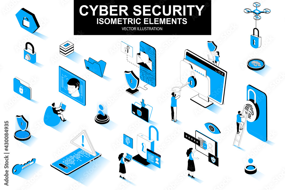Poster cyber security bundle of isometric elements. fingerprint scanner, padlock, password, firewall, data 