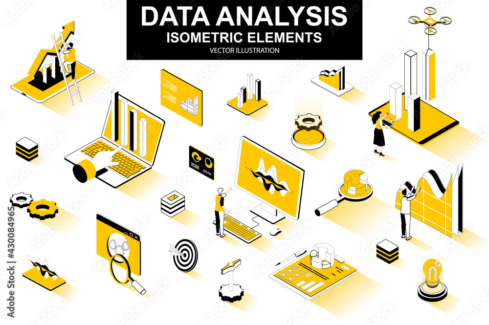 Poster data analysis bundle of isometric elements. growing chart, business infographics, research tools, an