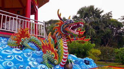 Pangkalpinang City, Bangka Belitung Islands (March - 2021): Dragon Statue in the Goddess of the Sea Temple (Shen Mu Miau), in the Pasir Padi Beach area, in Pangkalpinang City, Indonesia.