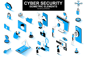 Cyber security bundle of isometric elements. Fingerprint scanner, padlock, password, firewall, data folder, electronic security key isolated icons. Isometric vector illustration with people characters
