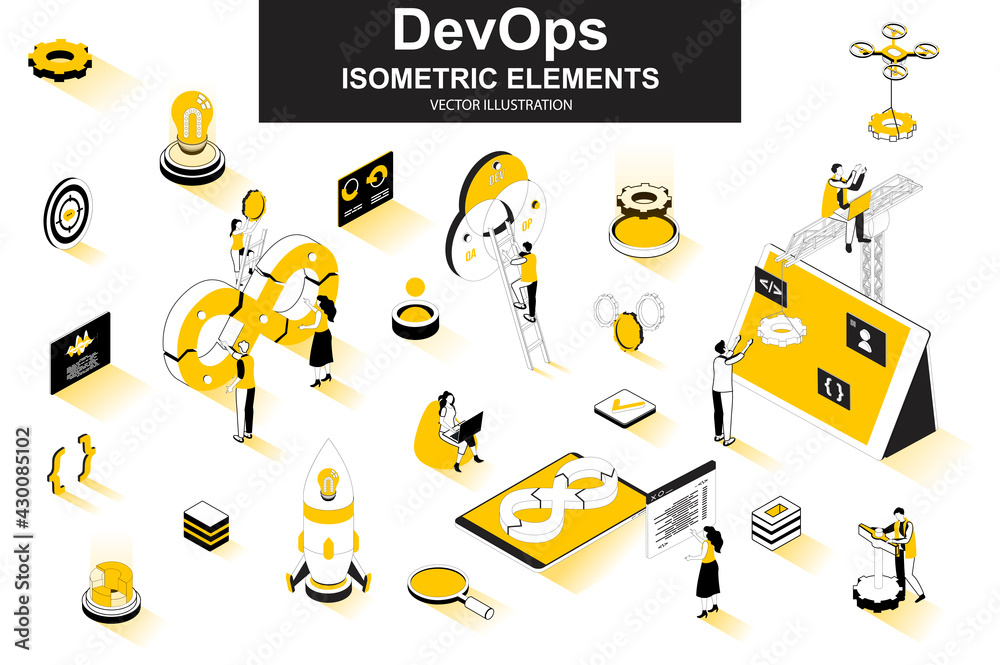 Leinwandbilder DevOps bundle of isometric elements. Startup launch, software development, deployment and testing, automation and programming isolated icons. Isometric vector illustration kit with people characters.