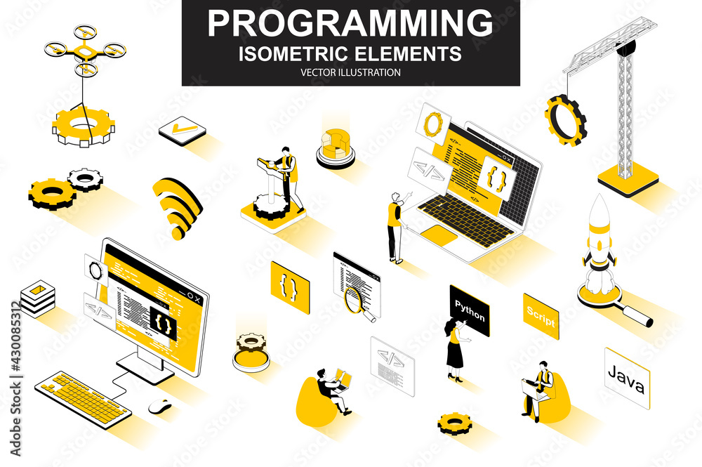 Poster Programming bundle of isometric elements. Developer working, program languages, software engineering, full stack development isolated icons. Isometric vector illustration kit with people characters.