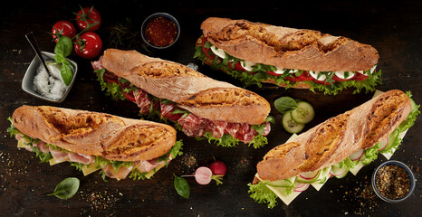Set of delicious sub sandwiches on black background