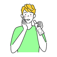 肌荒れになってしまった男性がスキンケアをしてる イラスト シンプル ベクター 
A man with rough skin is doing skin care. Simple illustration. vector.