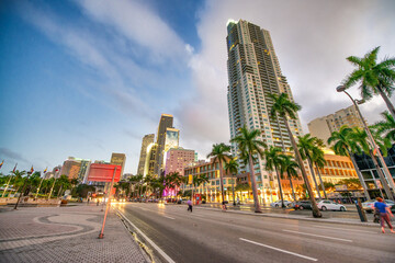 Downtown Miami skyscrapers at sunset from Bayfront Park, Florida