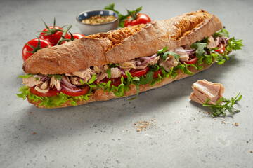 Delicious sub sandwiches with meat and vegetables
