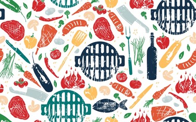 Seamless Pattern with Barbecue. Vector illustration. - obrazy, fototapety, plakaty