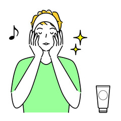 肌荒れになってしまった男性がスキンケアをしてる イラスト シンプル ベクター