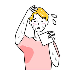 極度の汗かき体質で困っている男性 ハンカチで拭いても止まらない汗 顔汗 脇汗 腕汗 イラスト シンプル ベクター