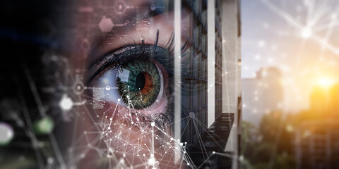 Close up of woman eye in process of scanning . Mixed media