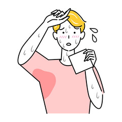 極度の汗かき体質で困っている男性 ハンカチで拭いても止まらない汗 顔汗 脇汗 腕汗 イラスト シンプル ベクター