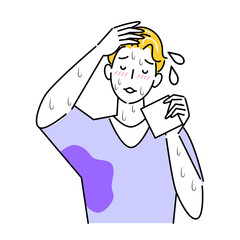 極度の汗かき体質で困っている男性 ハンカチで拭いても止まらない汗 顔汗 脇汗 腕汗 イラスト シンプル ベクター 