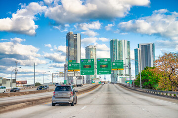 MIAMI, FL - FEBRUARY 2016: Road traffic to Downtown Miami