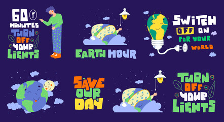 Earth hour banner set. Planet earth day. Save our day. Turn off your light. 60 minutes.
