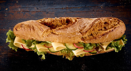 Crunchy sandwich with fresh cheese and vegetables