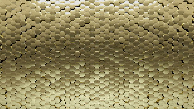 Gold, Luxurious Wall background with tiles. Hexagonal, tile Wallpaper with 3D, Polished blocks. 3D Render