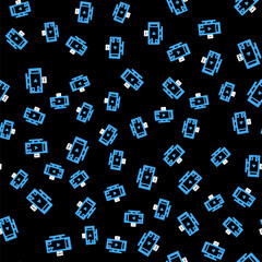 Line Live streaming online videogame play icon isolated seamless pattern on black background. Vector