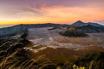 Sunrise on Bromo,Batok,Semeru volcano. Bromo is an active volcano and part of Tengger massif in Tengger caldera in East Java, Indonesia. Bromo Tengger Semeru National Park. Penanjakan Viewpoint. © cattyphoto