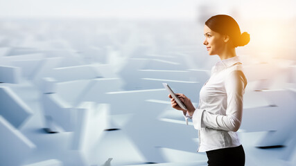 Business woman and maze . Mixed media