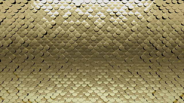 Luxurious, Gold Wall background with tiles. Fish Scale, tile Wallpaper with 3D, Polished blocks. 3D Render