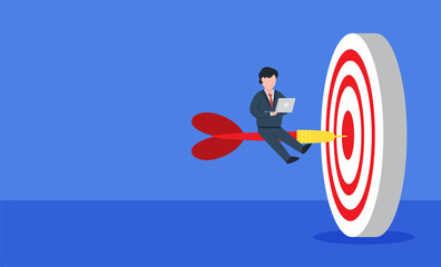 Businessman sits on dart hit at center of dartboard. The creative concept idea of reaching business goal or target. Simple trendy cute vector illustration. Modern flat style. Abstract graphic design.