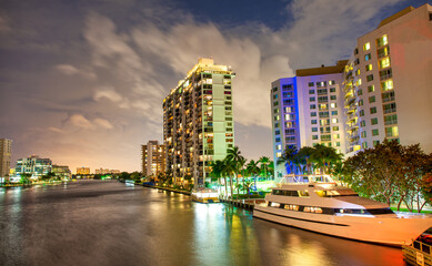 Boats and buildings in Coral Bay at night, Fort Lauderdale